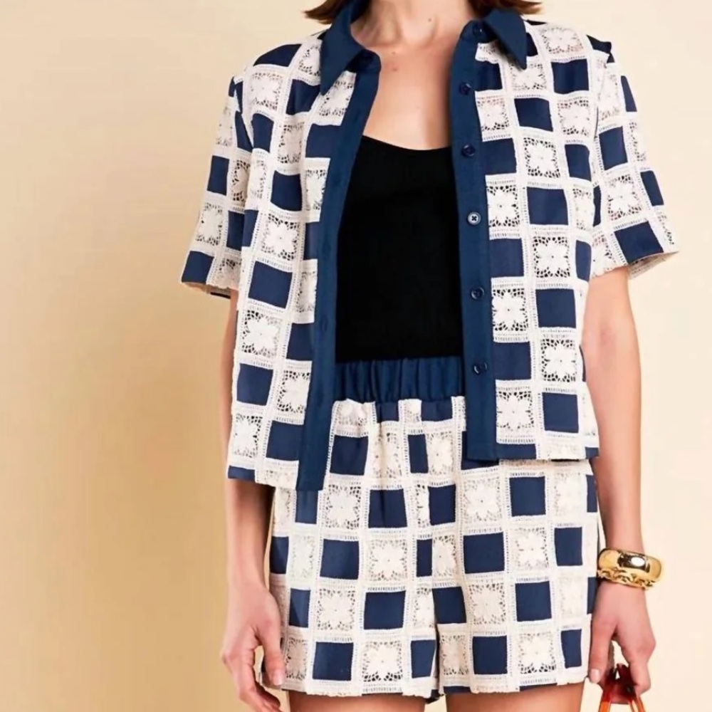 English Factory Navy and White Patterned Short Set (Top & Bottom)